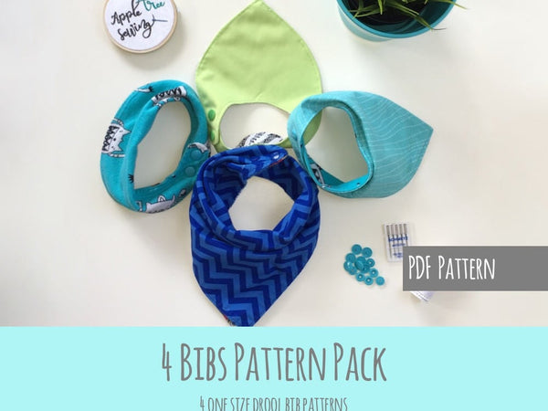 Bib 4 pack- bandana bib, scarf bib, double bandana bib & side snap bib- PDF Apple Tree Sewing Pattern