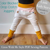 Little Kids Color Blocked Grow With Me Drop Crotch Joggers - PDF Apple Tree Sewing Pattern